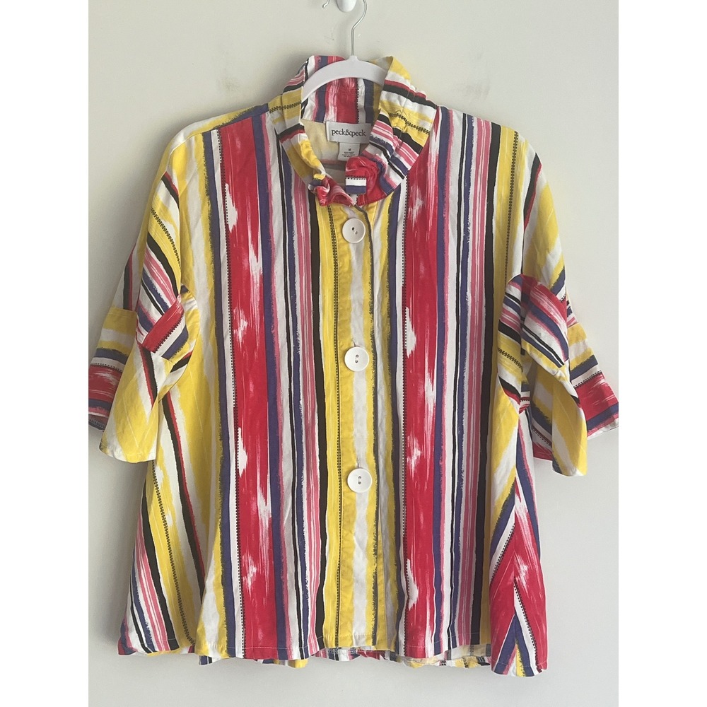 Peck & Peck Womens Striped Button Up Shirt Tencel‎ Linen Art to Wear Top Medium